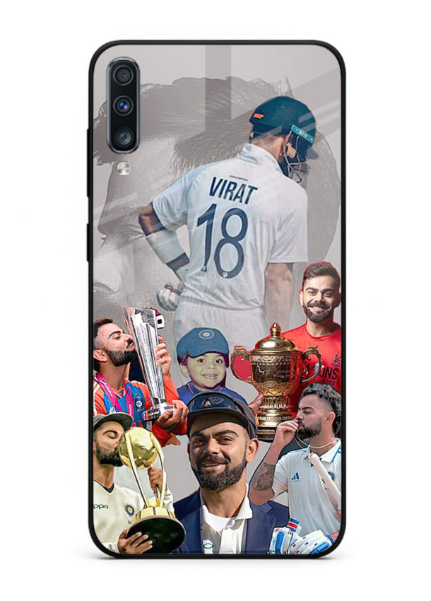 Number eighteen cricket collage artwork printed on tempered glass Samsung A50 back cover