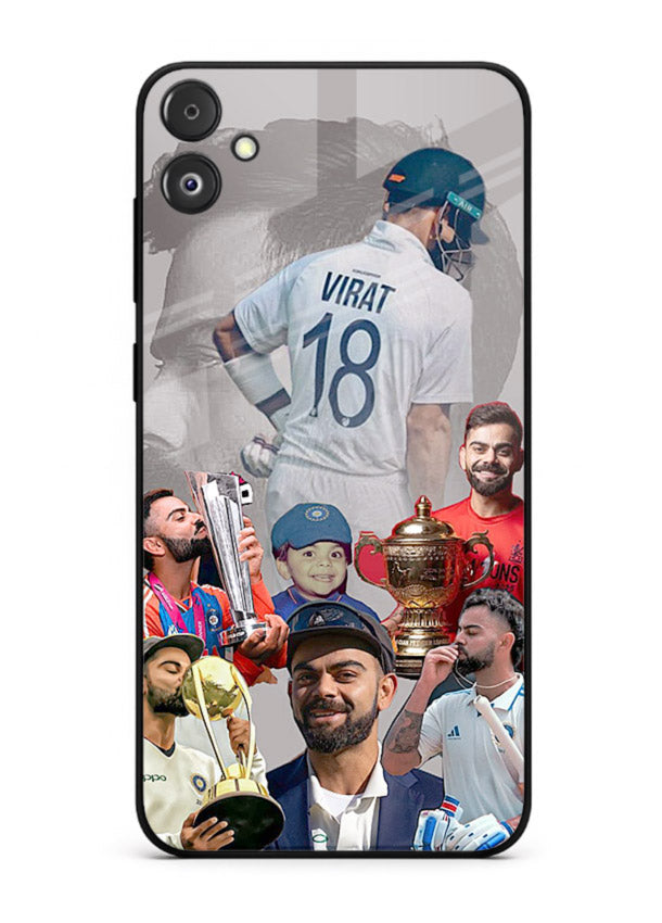 Number eighteen cricket collage artwork printed on tempered glass Samsung F05 5G back cover