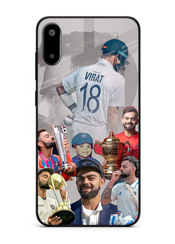 Number eighteen cricket collage artwork printed on tempered glass Samsung F06 5G back cover