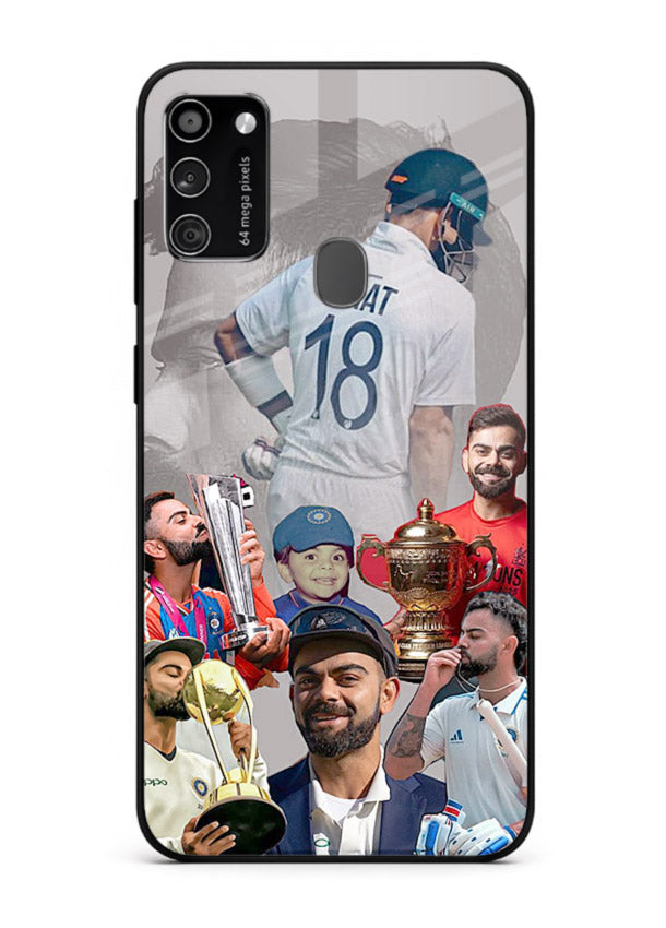 Number eighteen cricket collage artwork printed on tempered glass Samsung M30s back cover