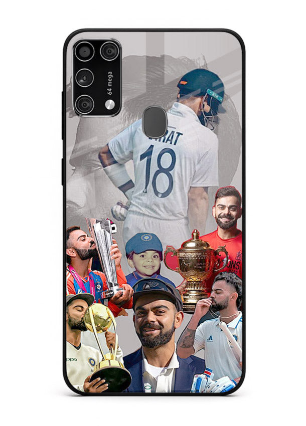 Number eighteen cricket collage artwork printed on tempered glass Samsung M31 Prime back cover