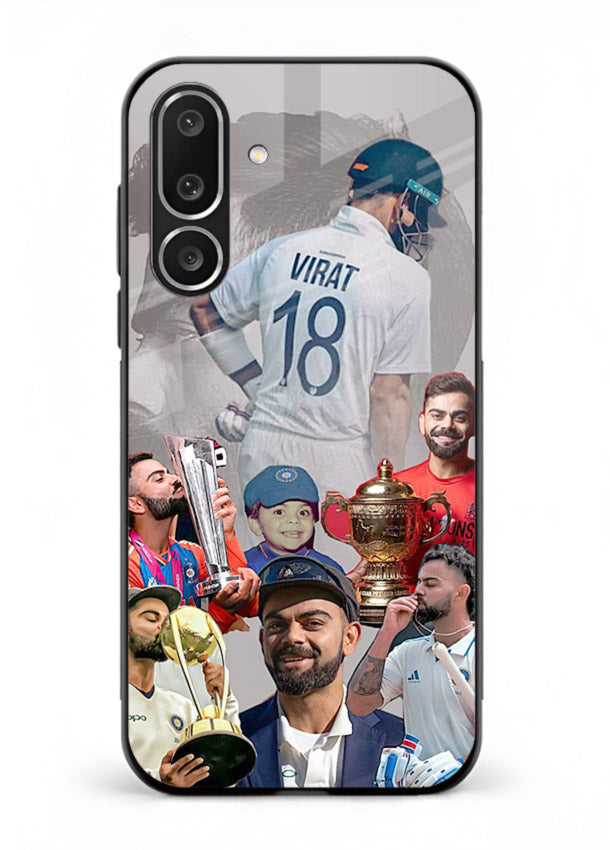 Number eighteen cricket collage artwork printed on tempered glass Samsung M36 5G back cover