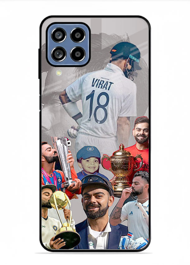 Number eighteen cricket collage artwork printed on tempered glass Samsung F62 back cover