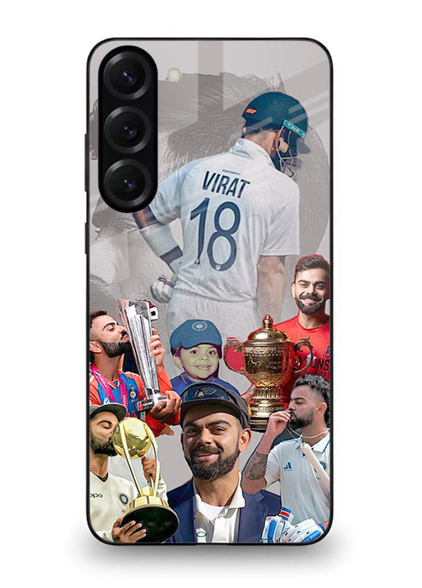 Number eighteen cricket collage artwork printed on tempered glass Samsung S23 Plus back cover