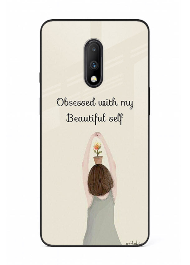 Minimalist growth illustration printed on OnePlus 7 glass back cover with clean styling.