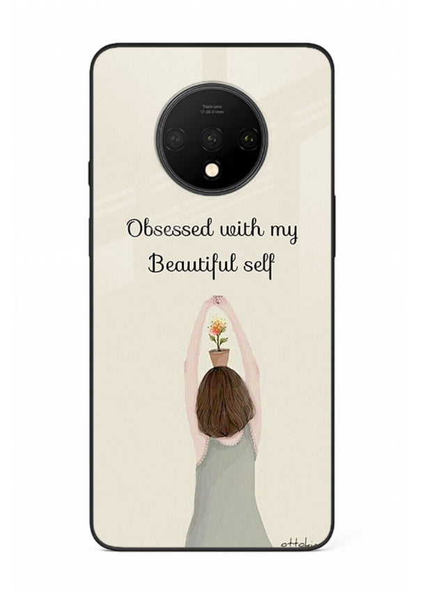 Minimalist growth illustration printed on OnePlus 7T glass back cover with clean styling.
