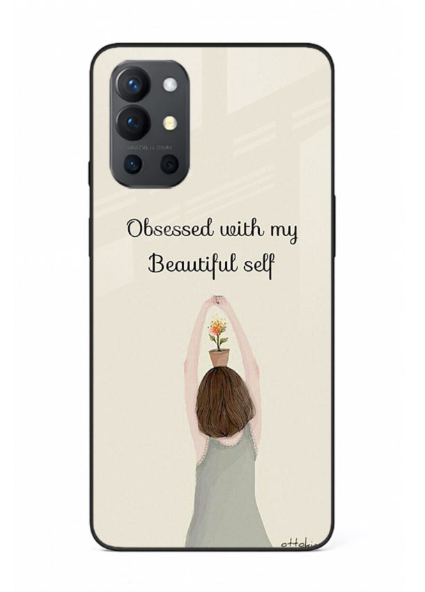 Minimalist growth illustration printed on OnePlus 9R glass back cover with clean styling.