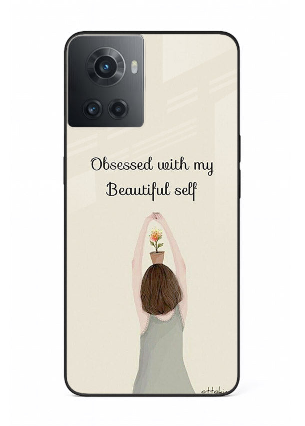 Minimalist growth illustration printed on OnePlus 10R glass back cover with clean styling.