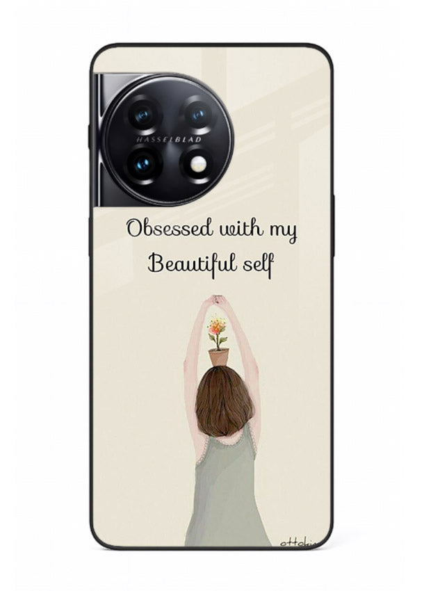 Minimalist growth illustration printed on OnePlus 11R glass back cover with clean styling.