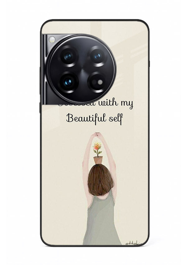 Minimalist growth illustration printed on OnePlus 12 glass back cover with clean styling.