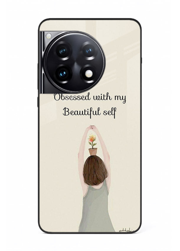 Minimalist growth illustration printed on OnePlus 12R glass back cover with clean styling.