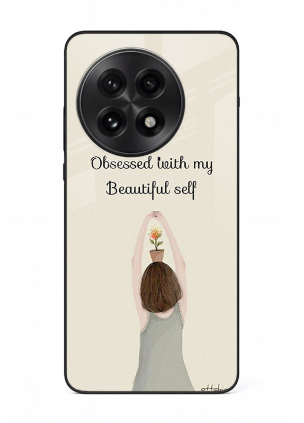 Minimalist growth illustration printed on OnePlus 13R glass back cover with clean styling.