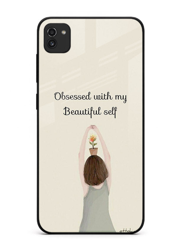 Minimalist growth illustration printed on Samsung A03 glass back cover with clean styling.