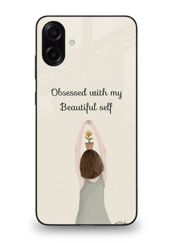 Minimalist growth illustration printed on Samsung A06 5G glass back cover with clean styling.