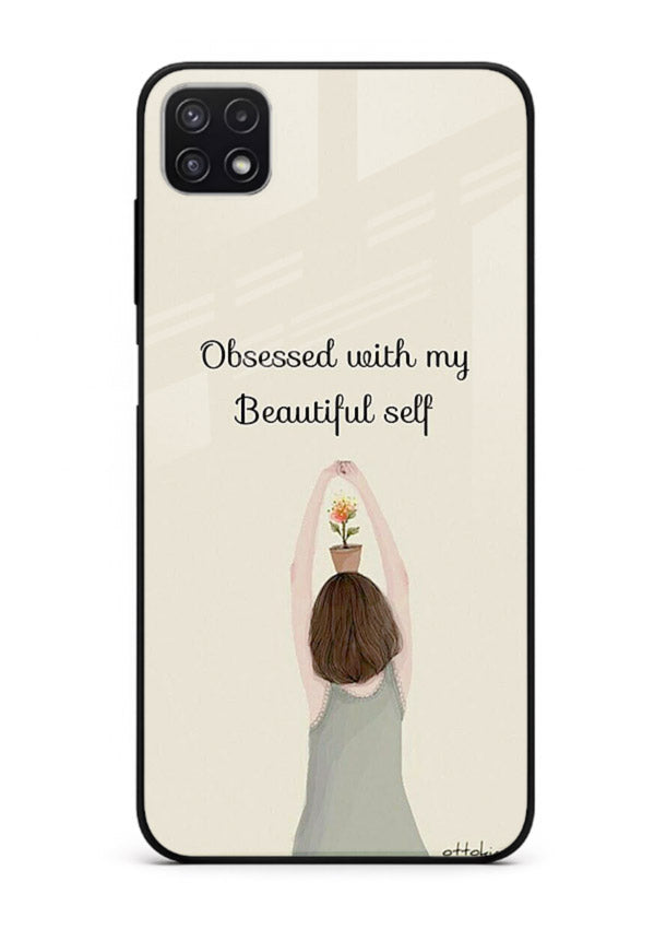Minimalist growth illustration printed on Samsung F42 5G glass back cover with clean styling.