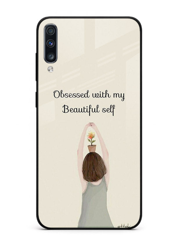 Minimalist growth illustration printed on Samsung A70 glass back cover with clean styling.