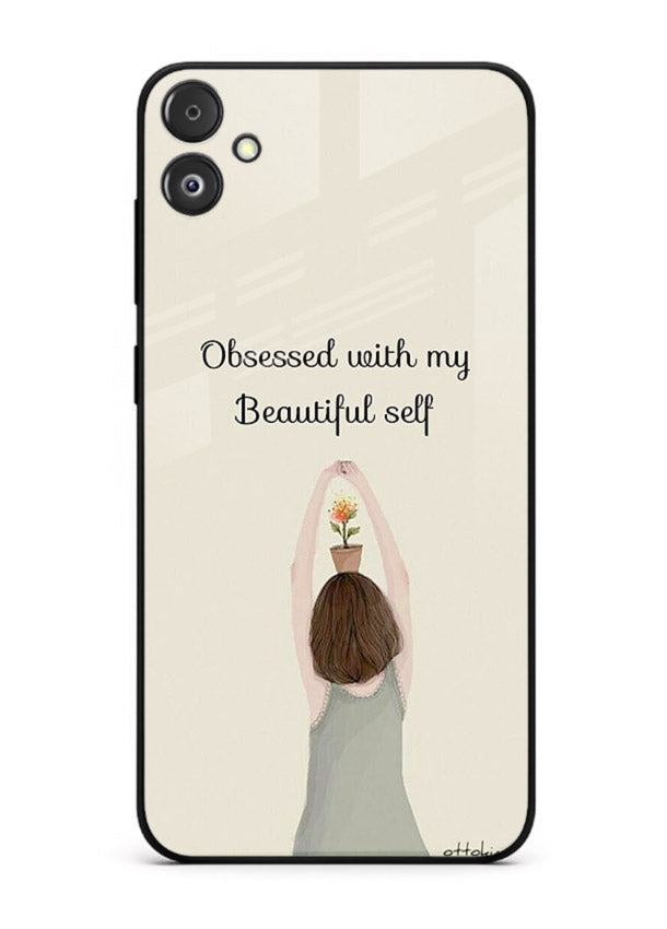 Minimalist growth illustration printed on Samsung F04 5G glass back cover with clean styling.