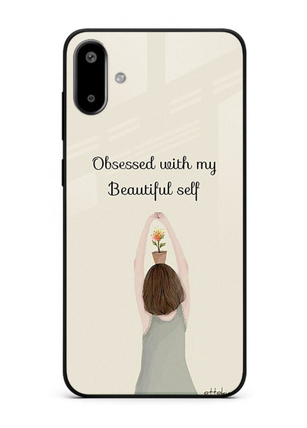 Minimalist growth illustration printed on Samsung F06 5G glass back cover with clean styling.
