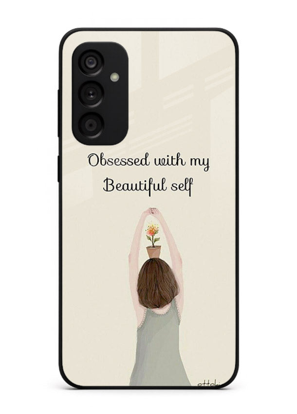 Minimalist growth illustration printed on Samsung M14 5G glass back cover with clean styling.
