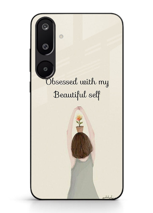 Minimalist growth illustration printed on Samsung M16 5G glass back cover with clean styling.