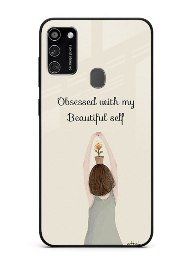 Minimalist growth illustration printed on Samsung M30s glass back cover with clean styling.