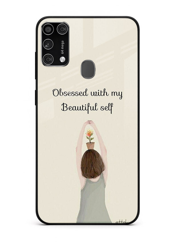 Minimalist growth illustration printed on Samsung M31 Prime glass back cover with clean styling.