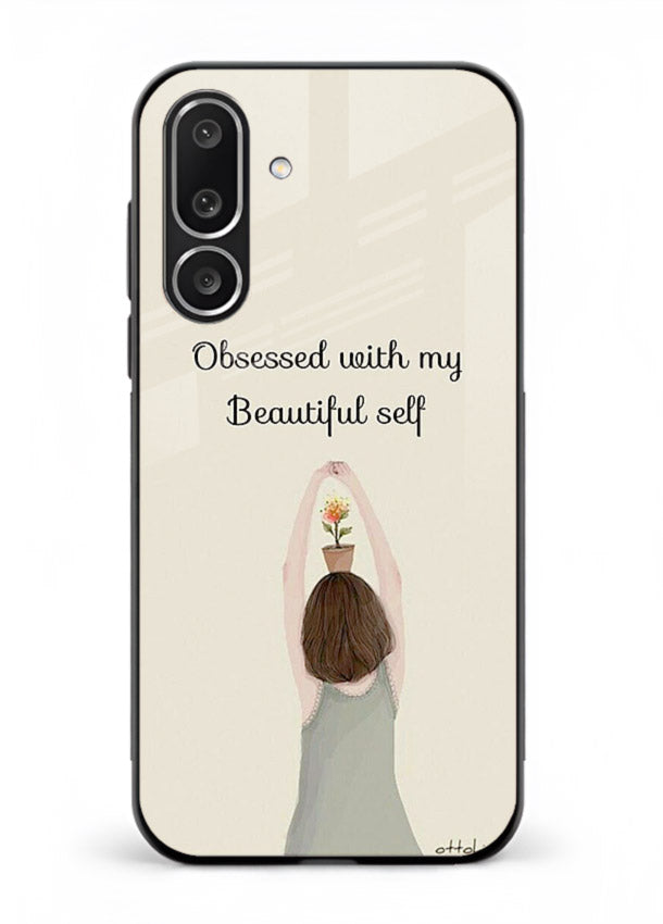 Minimalist growth illustration printed on Samsung M56 5G glass back cover with clean styling.