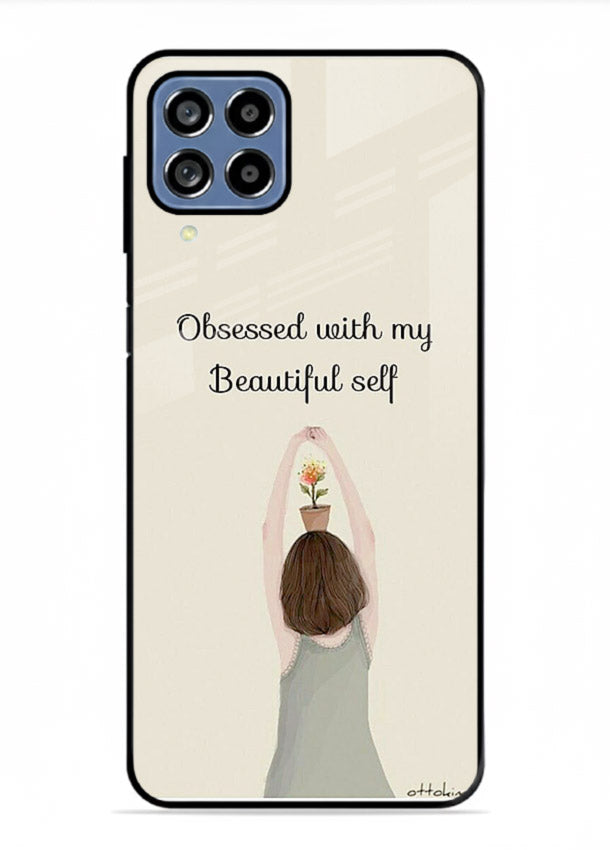 Minimalist growth illustration printed on Samsung M33 5G glass back cover with clean styling.