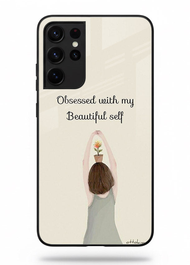 Minimalist growth illustration printed on Samsung S21 Ultra glass back cover with clean styling.