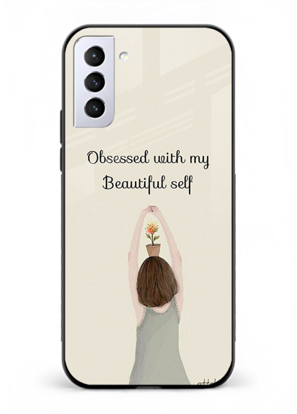 Minimalist growth illustration printed on Samsung S21 FE glass back cover with clean styling.