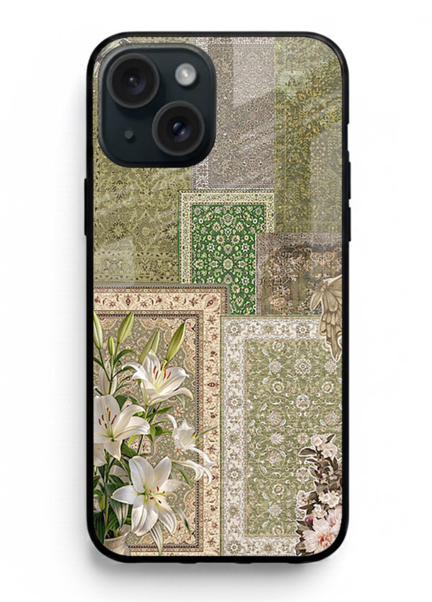 Green botanical mosaic artwork printed on glossy tempered glass iPhone 13 back cover