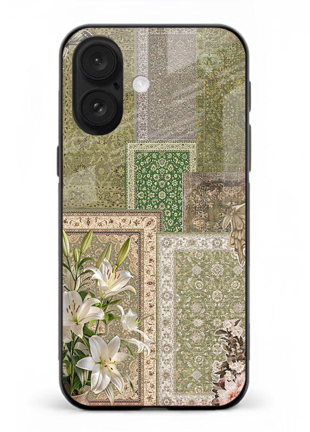 Green botanical mosaic artwork printed on glossy tempered glass iPhone 16 back cover