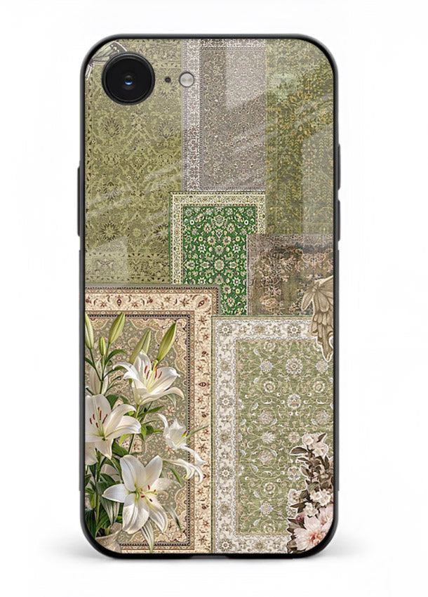 Green botanical mosaic artwork printed on glossy tempered glass iPhone 16E back cover