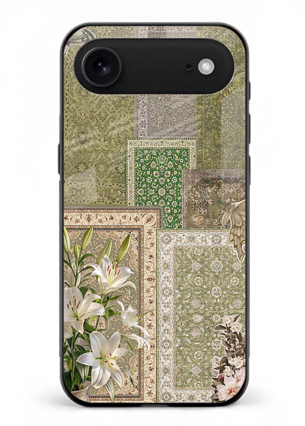 Green botanical mosaic artwork printed on glossy tempered glass iPhone 18 Air back cover