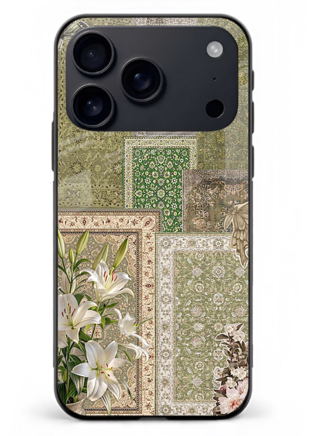 Green botanical mosaic artwork printed on glossy tempered glass iPhone 17 Pro Max back cover