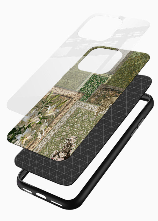 Green botanical mosaic artwork printed on glossy tempered glass mobile back cover - 3