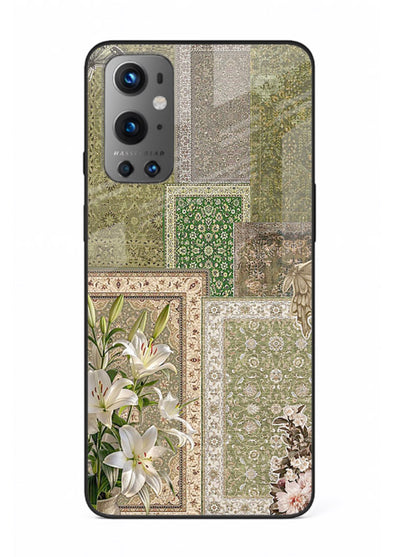 Green botanical mosaic artwork printed on glossy tempered glass OnePlus 9 back cover
