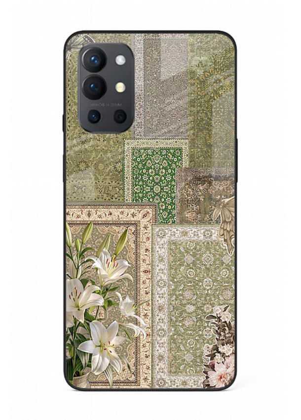 Green botanical mosaic artwork printed on glossy tempered glass OnePlus 9R back cover