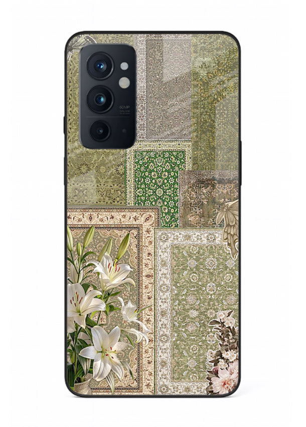 Green botanical mosaic artwork printed on glossy tempered glass OnePlus 9RT back cover