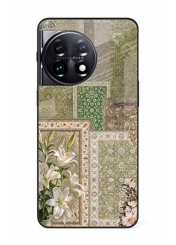 Green botanical mosaic artwork printed on glossy tempered glass OnePlus 11 back cover