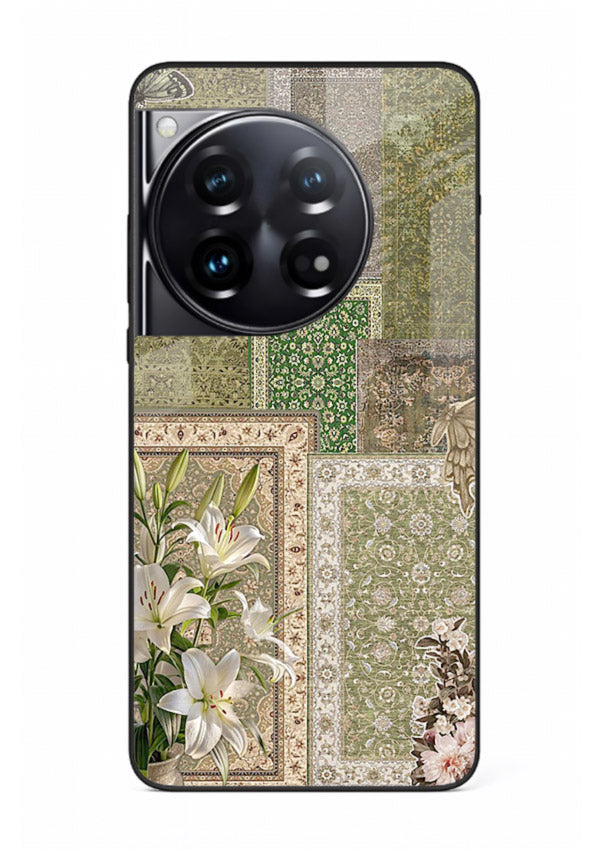 Green botanical mosaic artwork printed on glossy tempered glass OnePlus 12 back cover