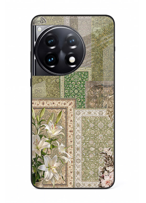Green botanical mosaic artwork printed on glossy tempered glass OnePlus 12R back cover