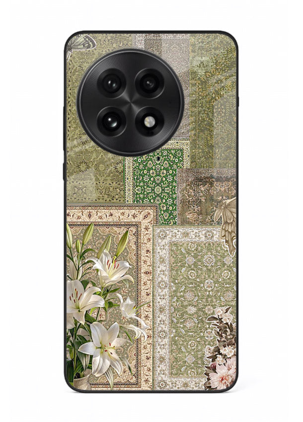 Green botanical mosaic artwork printed on glossy tempered glass OnePlus 13 back cover