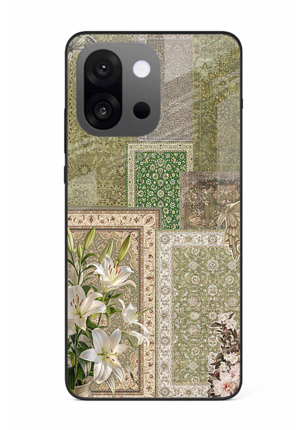 Green botanical mosaic artwork printed on glossy tempered glass OnePlus 13s back cover