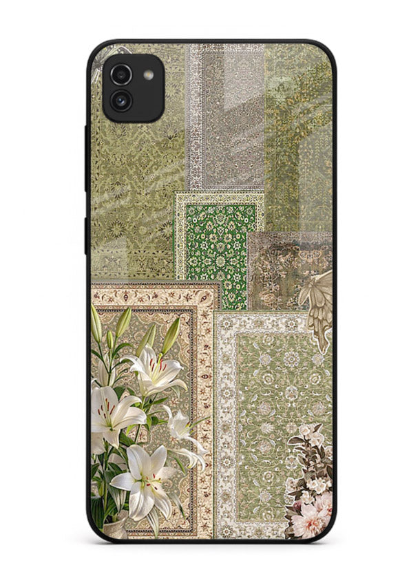 Green botanical mosaic artwork printed on glossy tempered glass Samsung A03 back cover