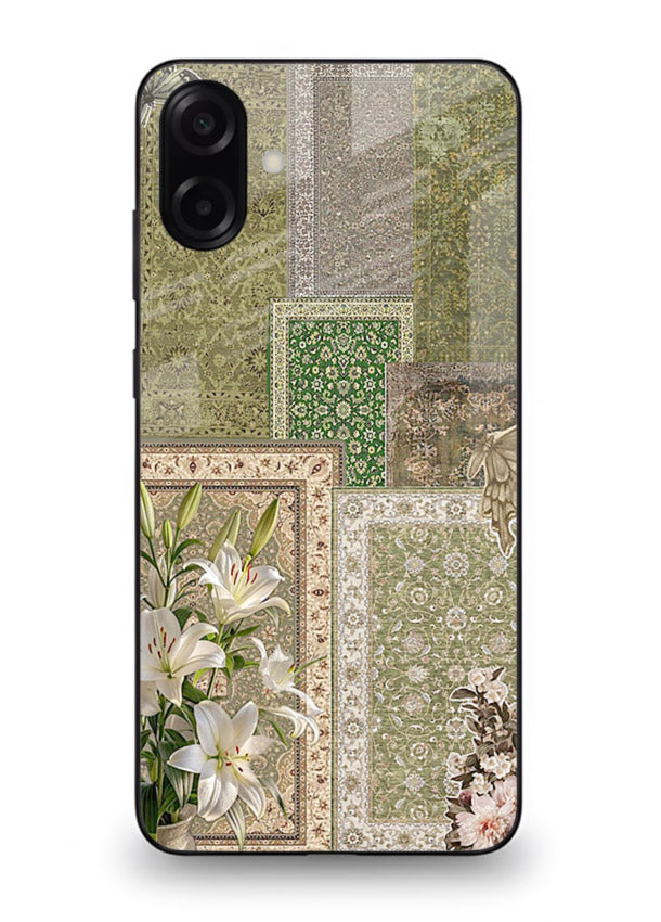Green botanical mosaic artwork printed on glossy tempered glass Samsung A06 5G back cover