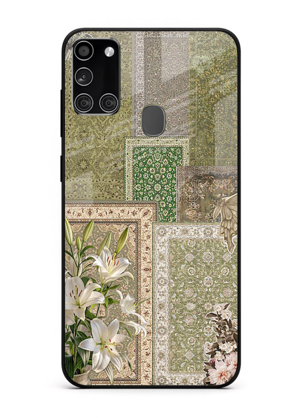 Green botanical mosaic artwork printed on glossy tempered glass Samsung A21s back cover