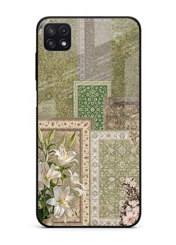 Green botanical mosaic artwork printed on glossy tempered glass Samsung A22 5G back cover