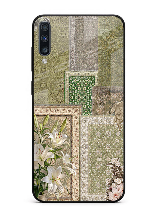 Green botanical mosaic artwork printed on glossy tempered glass Samsung A50 back cover