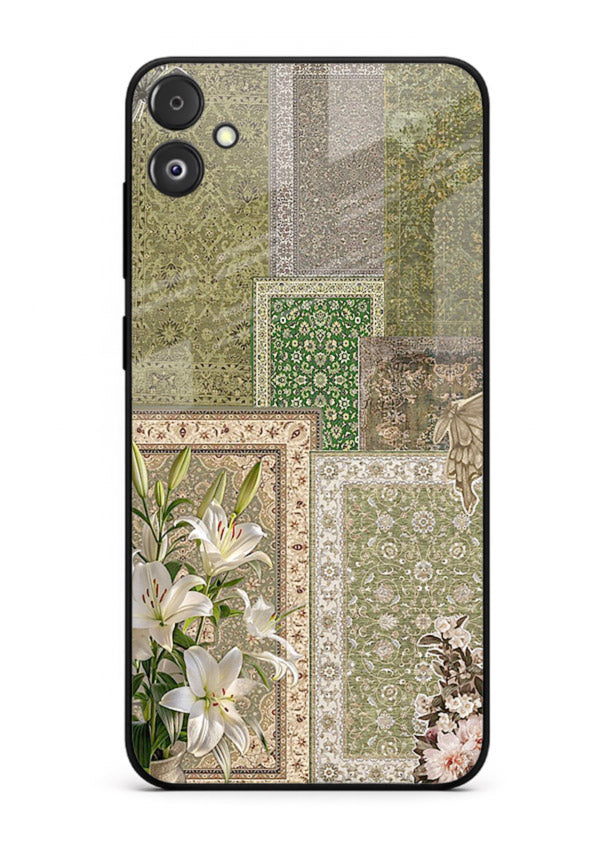 Green botanical mosaic artwork printed on glossy tempered glass Samsung F04 5G back cover